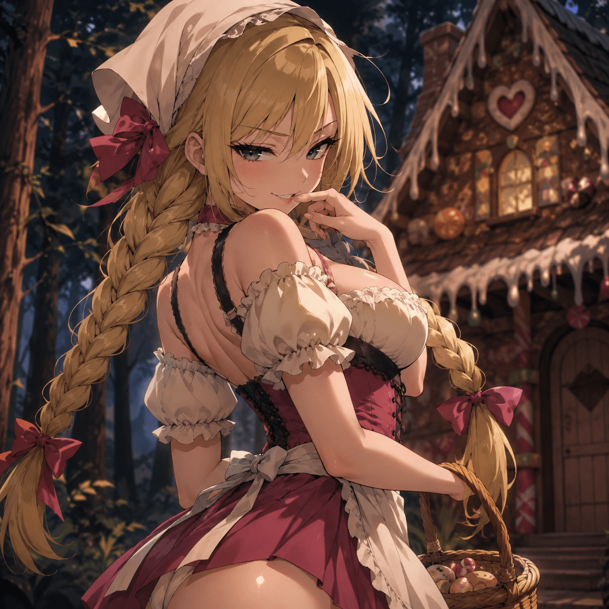 Anime illustration of Gretel in front of a glowing gingerbread cottage
